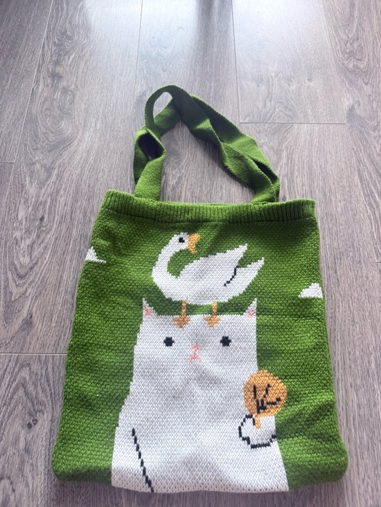 Kina And Tam Handbags - Green Cat & Swan Knit Tote Bag - Kina and Tam